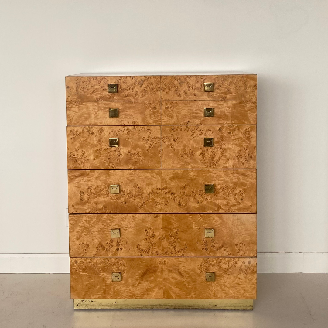 Milo Baughman Burlwood and Brass 5-Drawer Tall Boy for Founders by Thomasville Furniture, 1979