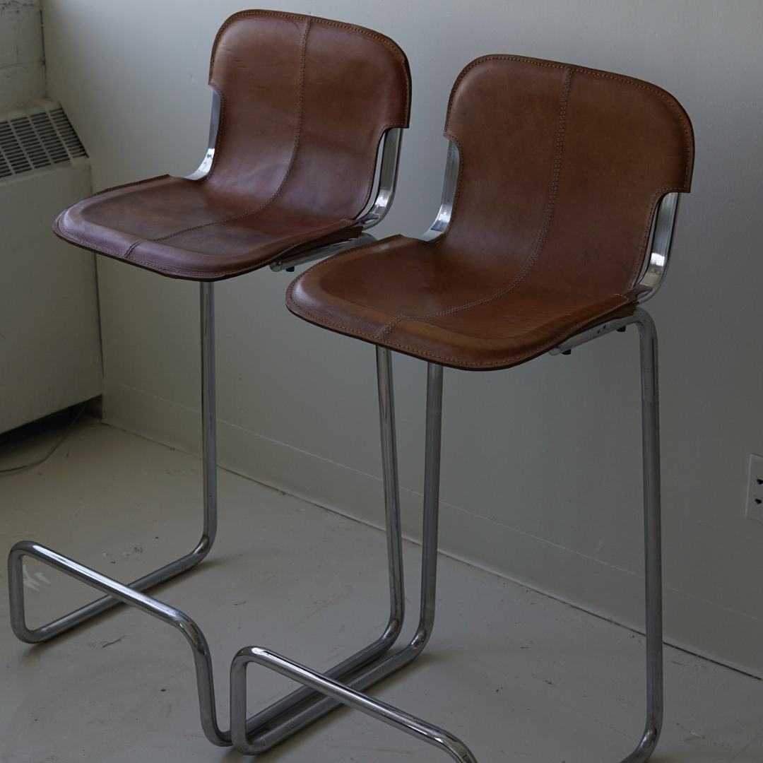 Pair (2) of Vintage Tubular Metal Stools with Genuine Leather Seats