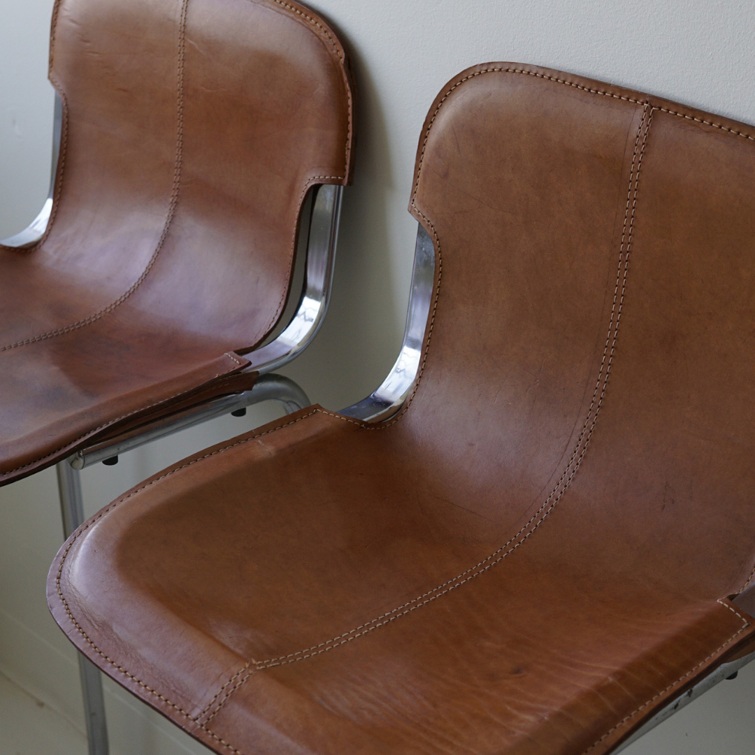 Pair (2) of Vintage Tubular Metal Stools with Genuine Leather Seats