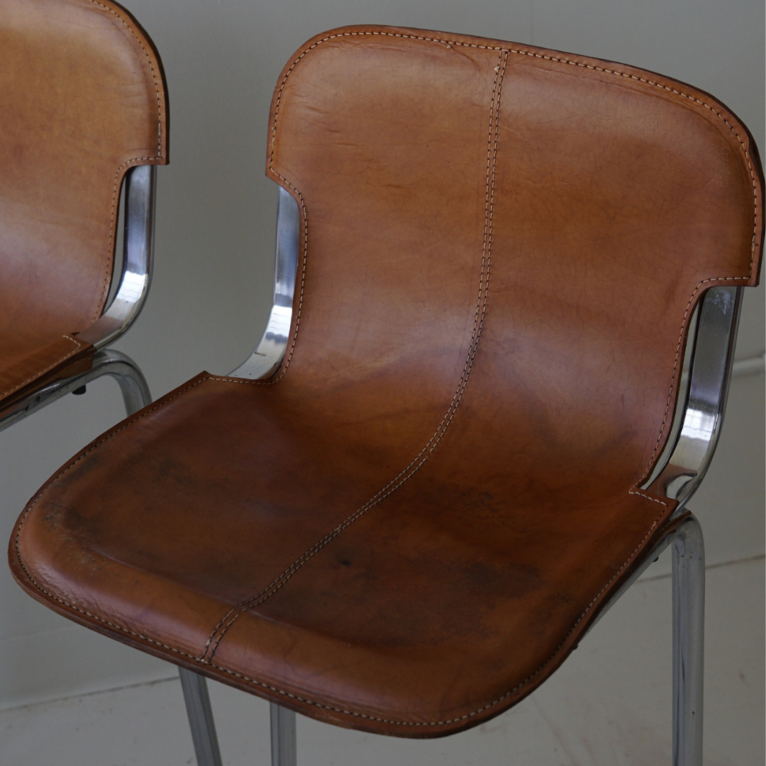 Pair (2) of Vintage Tubular Metal Stools with Genuine Leather Seats