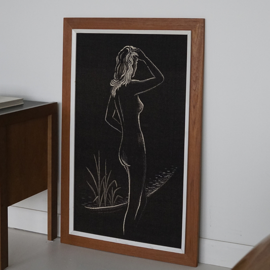 Figural Nude Woven Fibre Art Teak Frame, 1960s