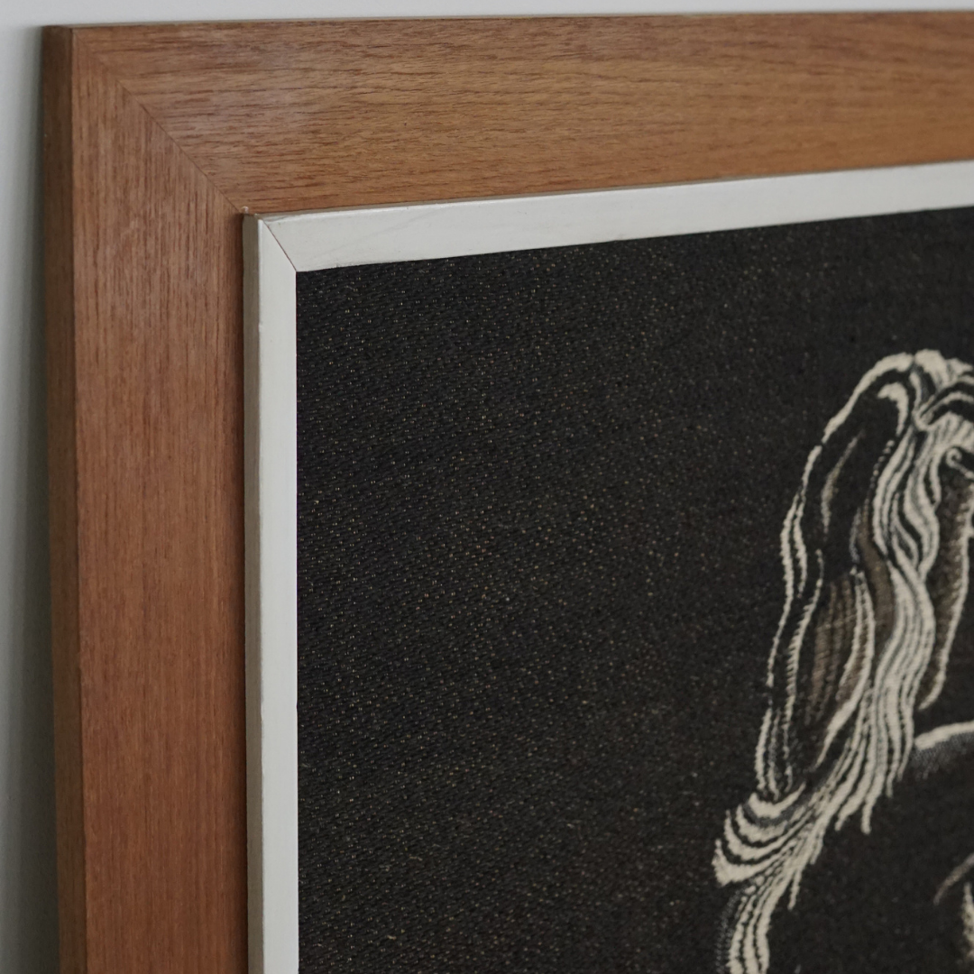 Figural Nude Woven Fibre Art Teak Frame, 1960s