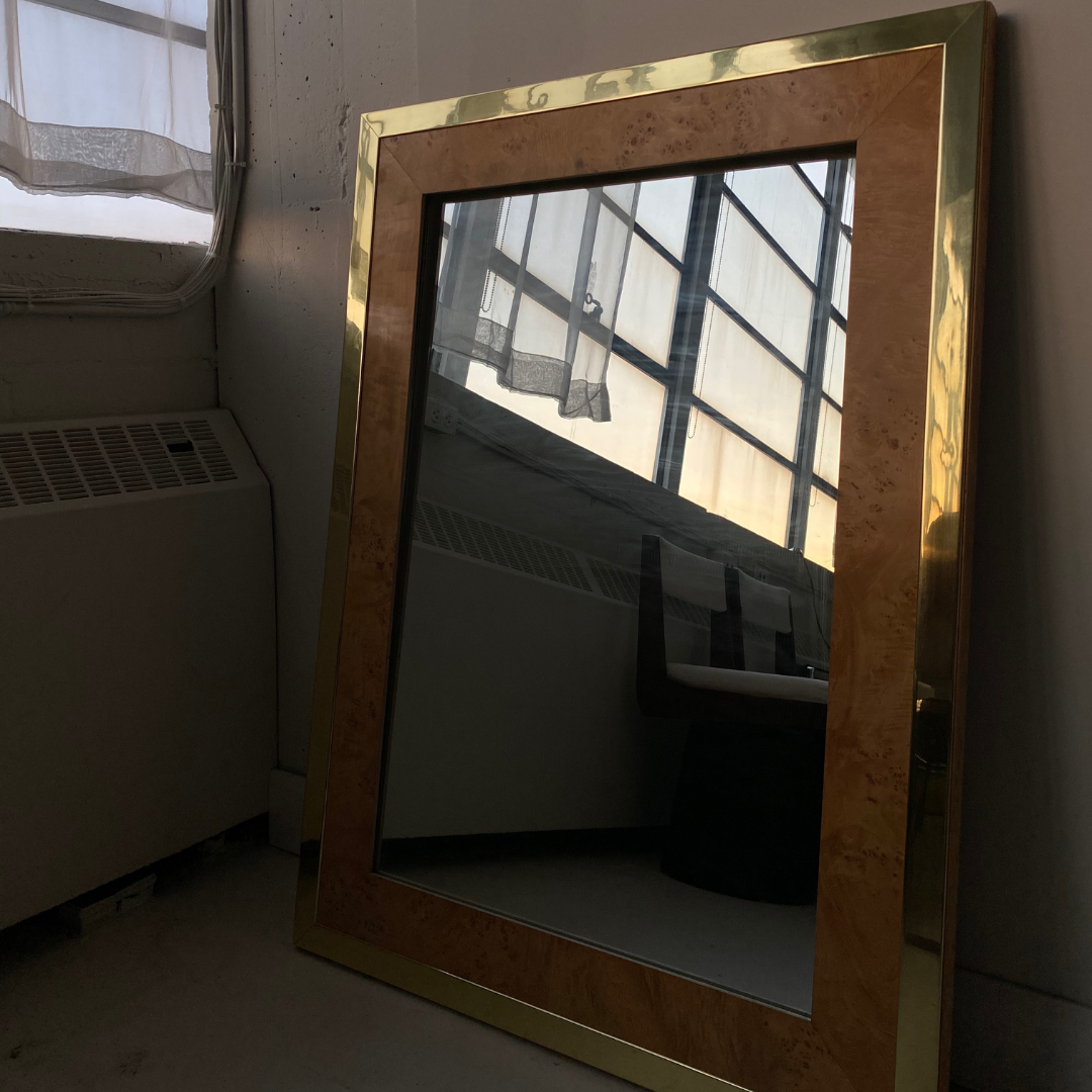 Milo Baughman Burlwood and Brass Mirror for Founders by Thomasville Furniture, 1979