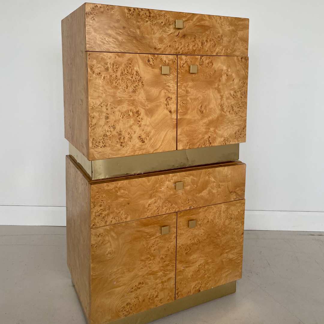 Milo Baughman Burlwood and Brass Nightstands for Founders by Thomasville Furniture, 1979